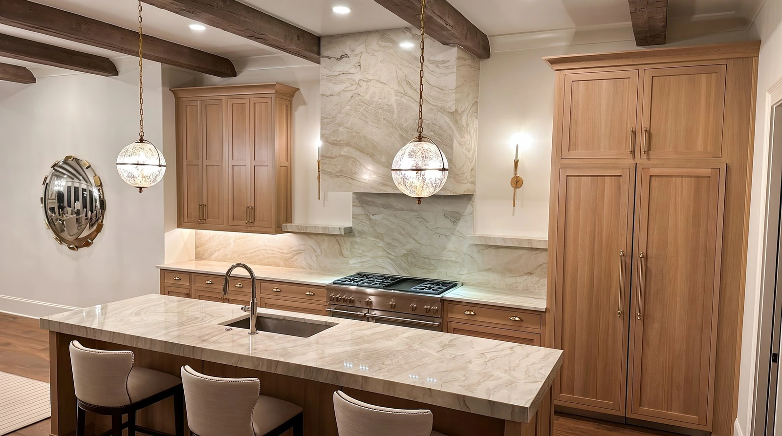 Quartzite island and full-height backsplash in a wood-beam kitchen