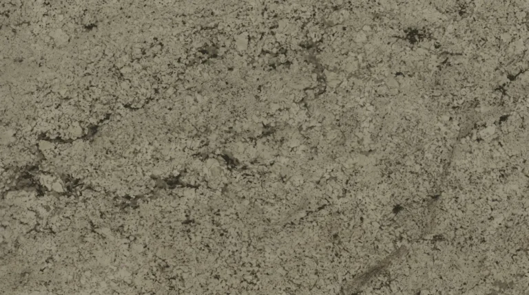 Polished Snowstorm granite slab, taupe-gray crystals with black mineral clusters and charcoal veining