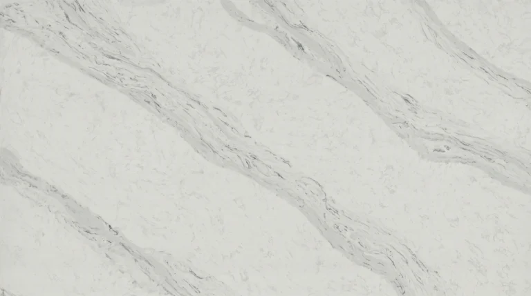 Polished Statuary Waves quartz slab, white with broad flowing gray waves