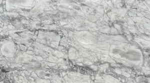 Super White quartzite slab, polished finish, cloudy white and soft gray with bold irregular gray veining