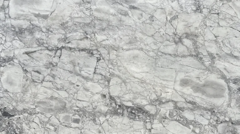 Super White quartzite slab, polished finish, cloudy white and soft gray with bold irregular gray veining