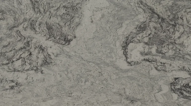 Polished Thunder White granite slab, light gray with swirling charcoal veins