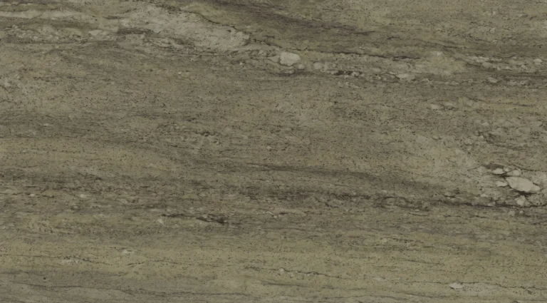 Polished Typhoon Green granite slab, flowing olive green-gray and cream bands