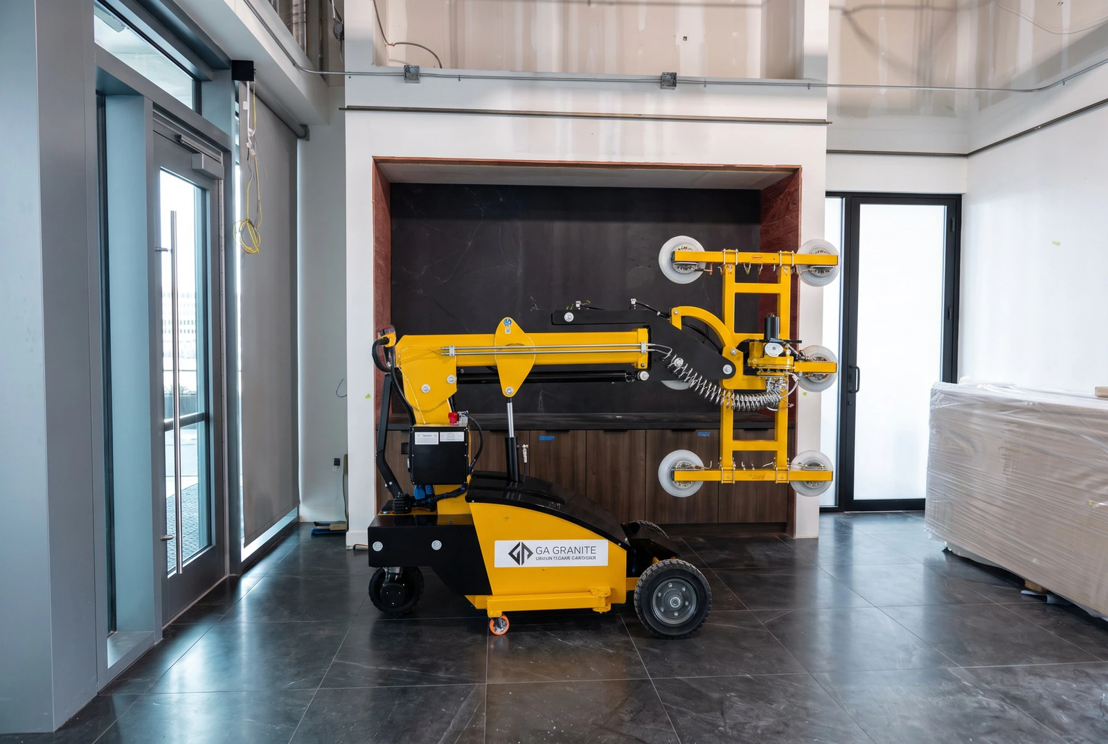 GA Granite vacuum slab lifter used to set tall and heavy stone pieces