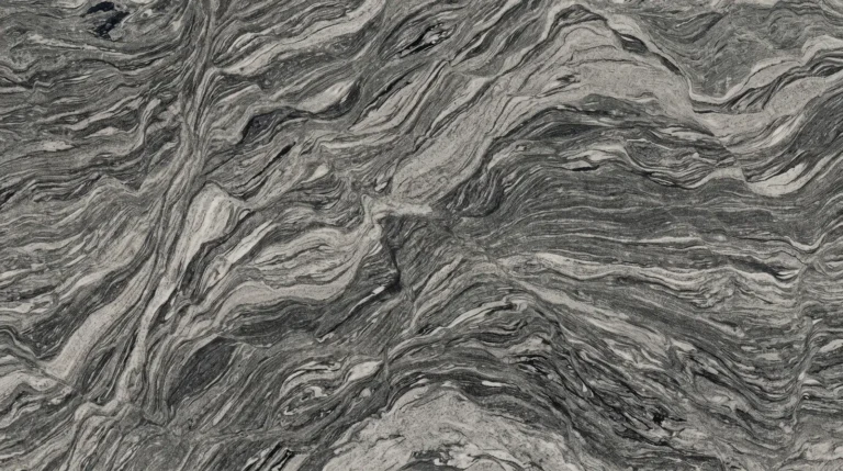 Polished Viscon White granite slab, flowing silver-gray and charcoal bands