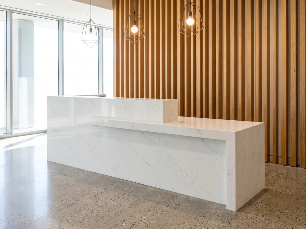 White quartz reception desk with a mitered waterfall front in a commercial office lobby