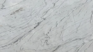 Yosemite Falls quartzite slab, polished finish, bright white with long fine gray diagonal veins