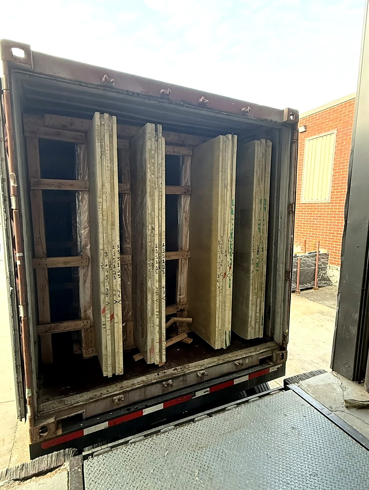 Container of Taj Mahal quartzite slabs arriving at the GA Granite Atlanta yard
