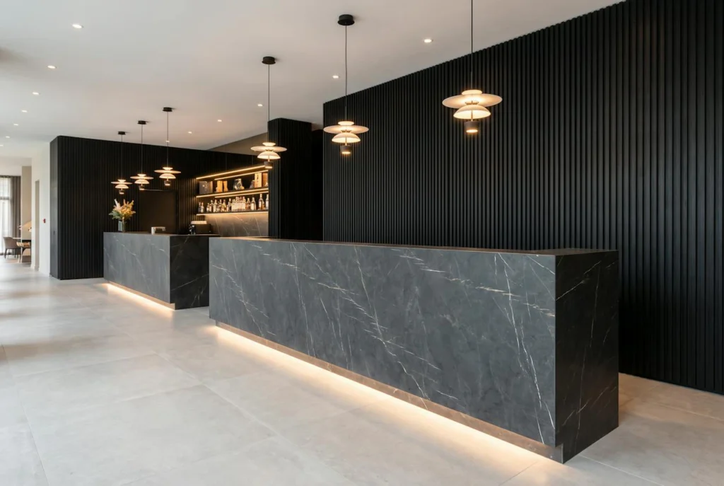 Hotel lobby reception desk and back bar clad in dark marble-look stone with black fluted wood walls