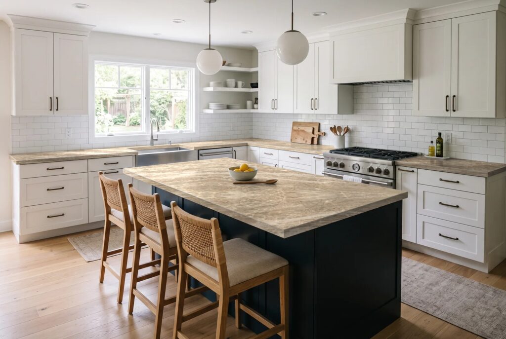 The same kitchen with Taj Mahal Quartzite countertops in the visualizer