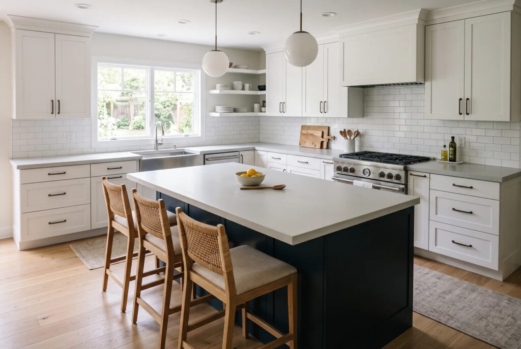 Sample kitchen before, with plain light gray countertops